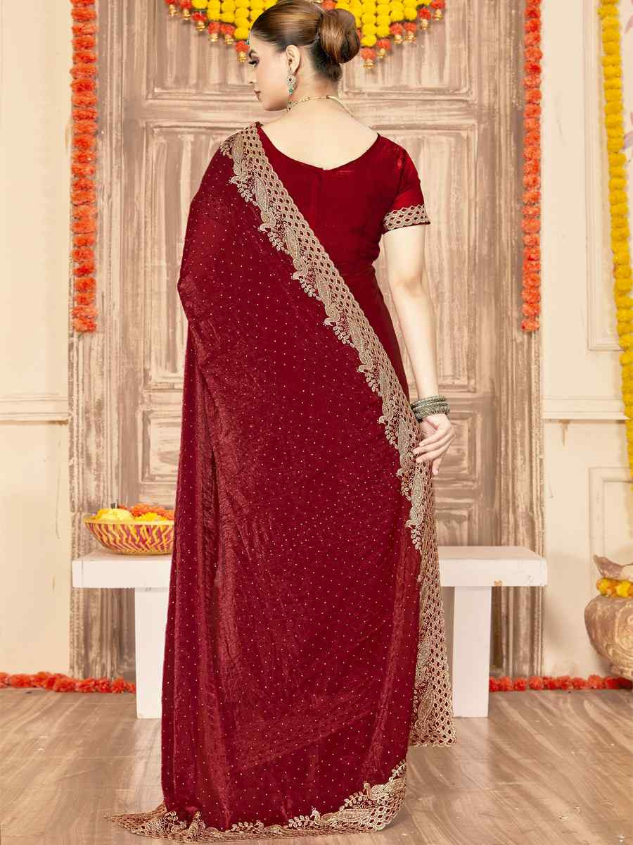 Maroon Silk Embroidery Traditional Bridal Reception Festival Wedding Fancy Heavy Border Saree