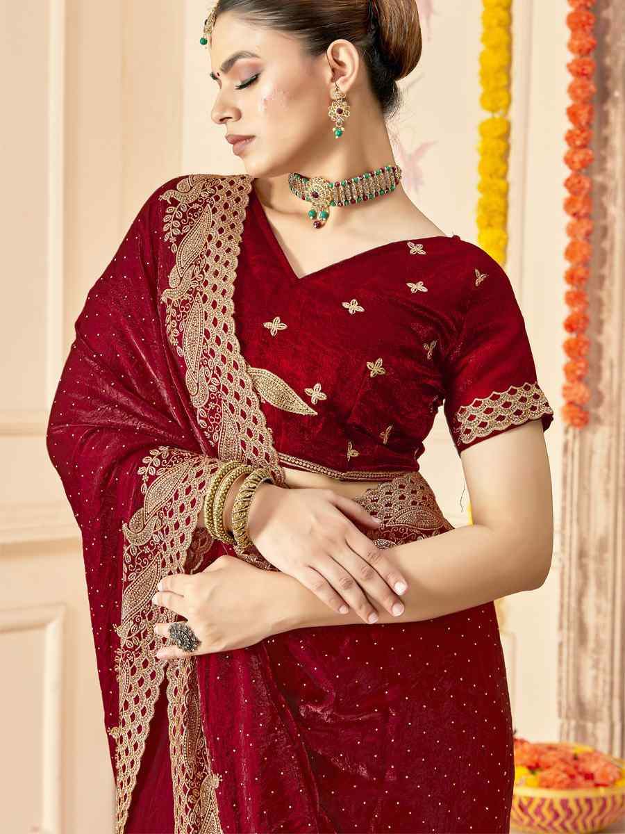 Maroon Silk Embroidery Traditional Bridal Reception Festival Wedding Fancy Heavy Border Saree