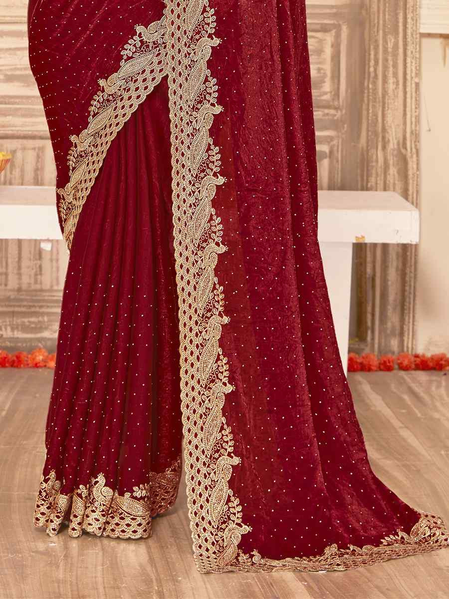 Maroon Silk Embroidery Traditional Bridal Reception Festival Wedding Fancy Heavy Border Saree