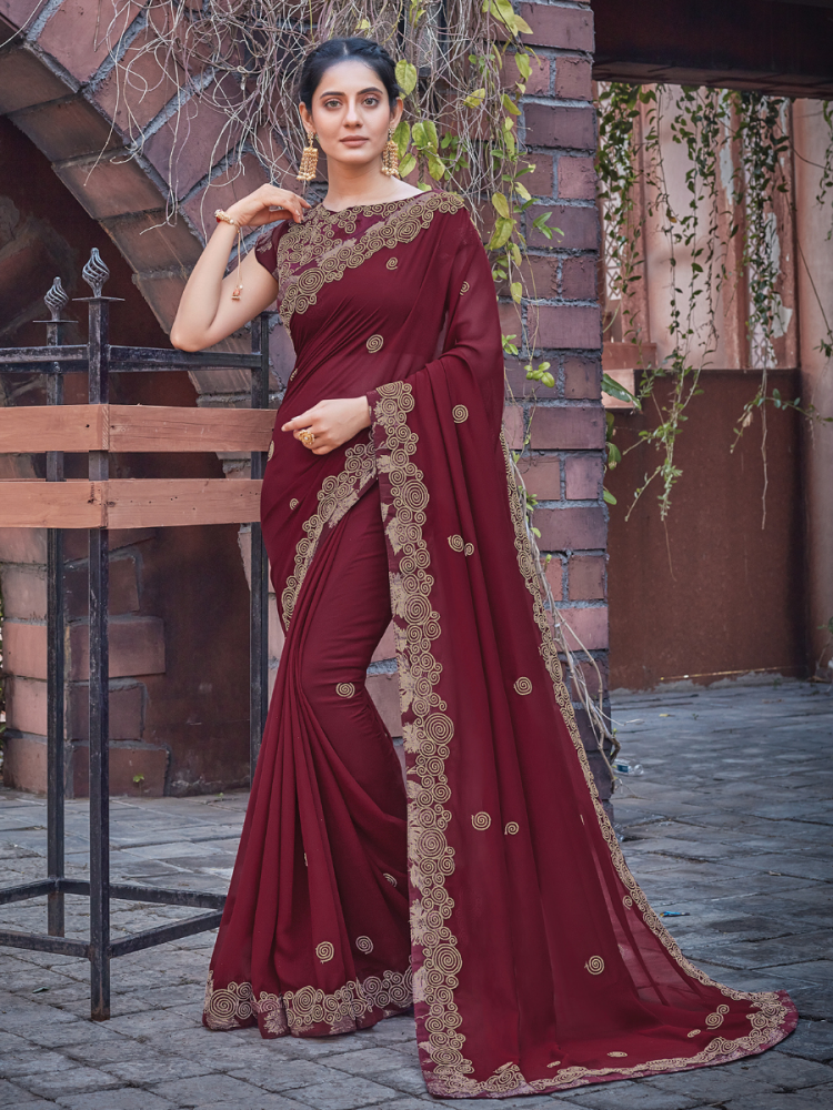 Maroon Silk Georgette Embroidered Festival Party Contemporary Sarees