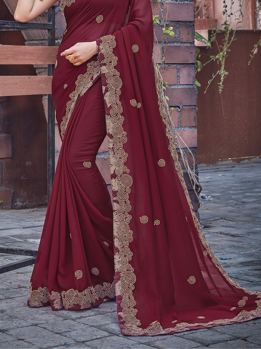 Maroon Silk Georgette Embroidered Festival Party Contemporary Sarees