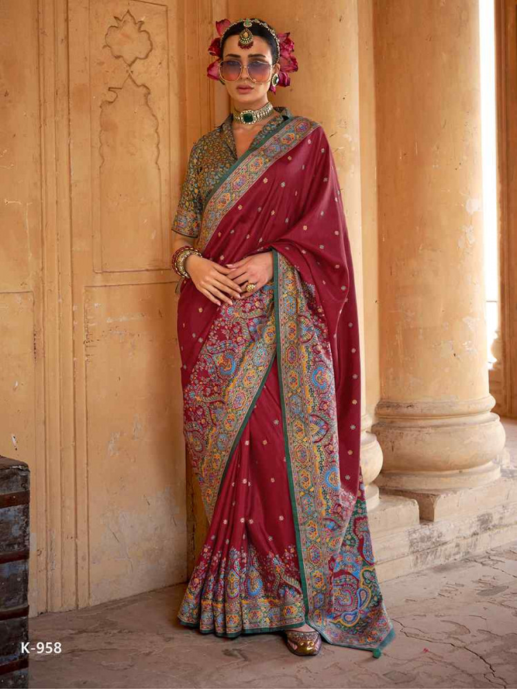 Maroon Silk Handwoven Festival Wedding Fancy Heavy Border Saree