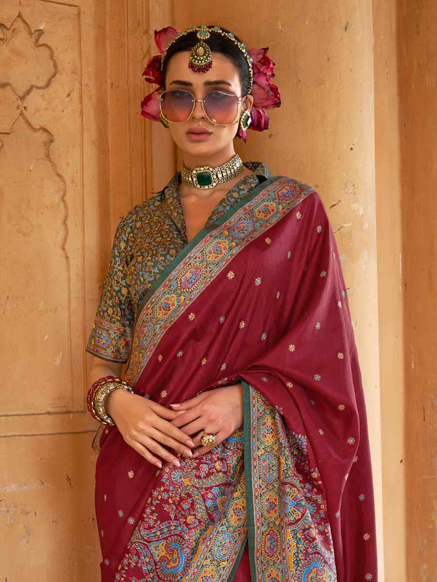 Maroon Silk Handwoven Festival Wedding Fancy Heavy Border Saree