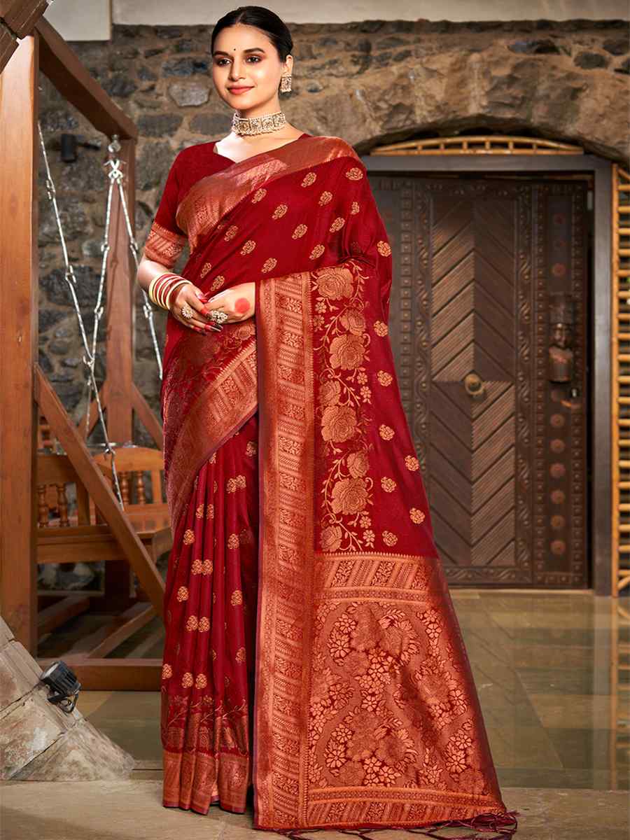 Maroon Silk Handwoven Wedding Festival Heavy Border Saree