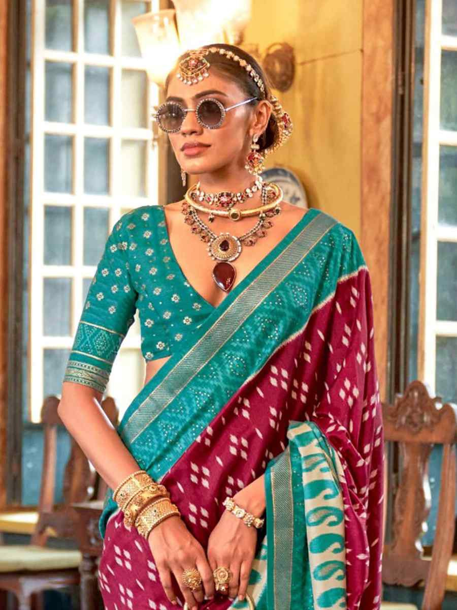 Maroon Silk Printed Festival Wedding Fancy Heavy Border Saree