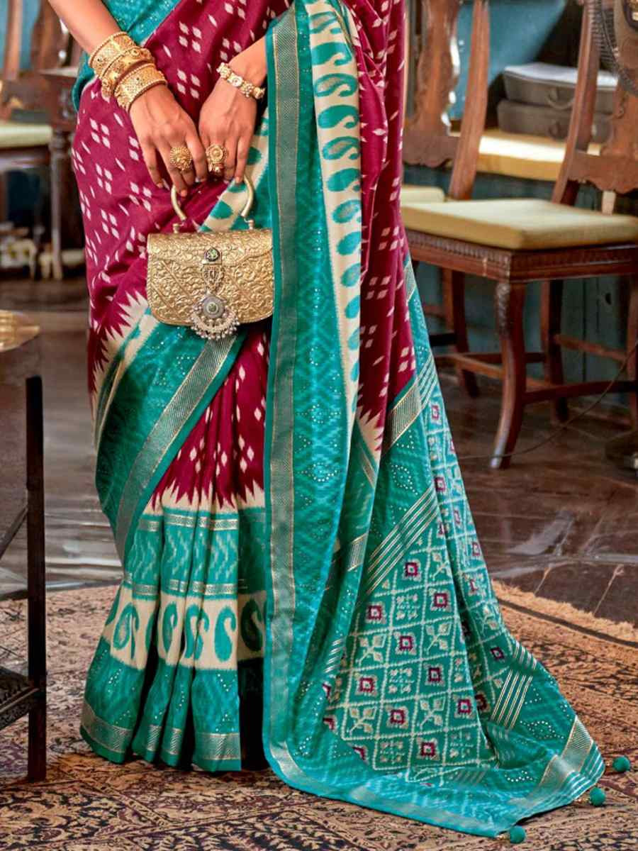 Maroon Silk Printed Festival Wedding Fancy Heavy Border Saree