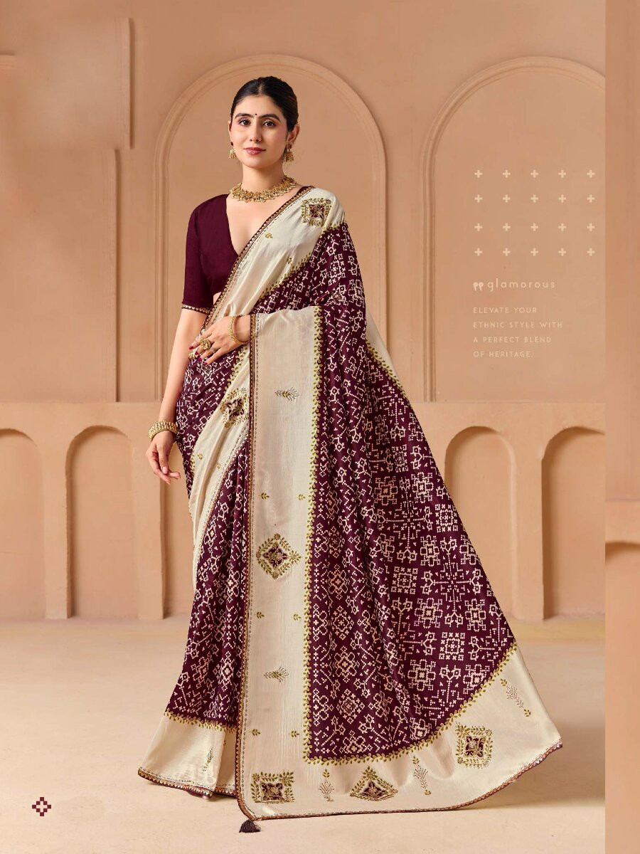 Maroon Silk Printed Stone Work Wedding Reception Party Festival Casual Heavy Border Sarees