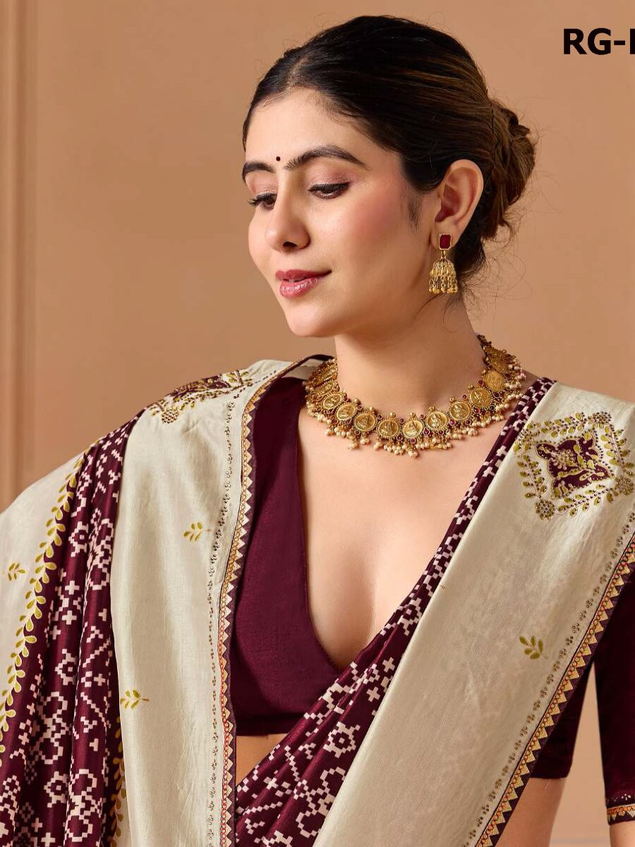 Maroon Silk Printed Stone Work Wedding Reception Party Festival Casual Heavy Border Sarees