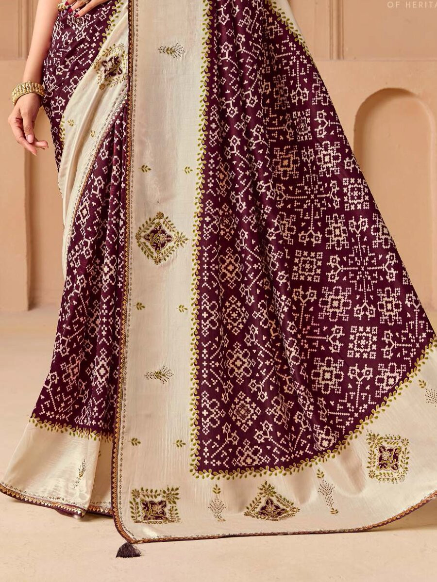 Maroon Silk Printed Stone Work Wedding Reception Party Festival Casual Heavy Border Sarees