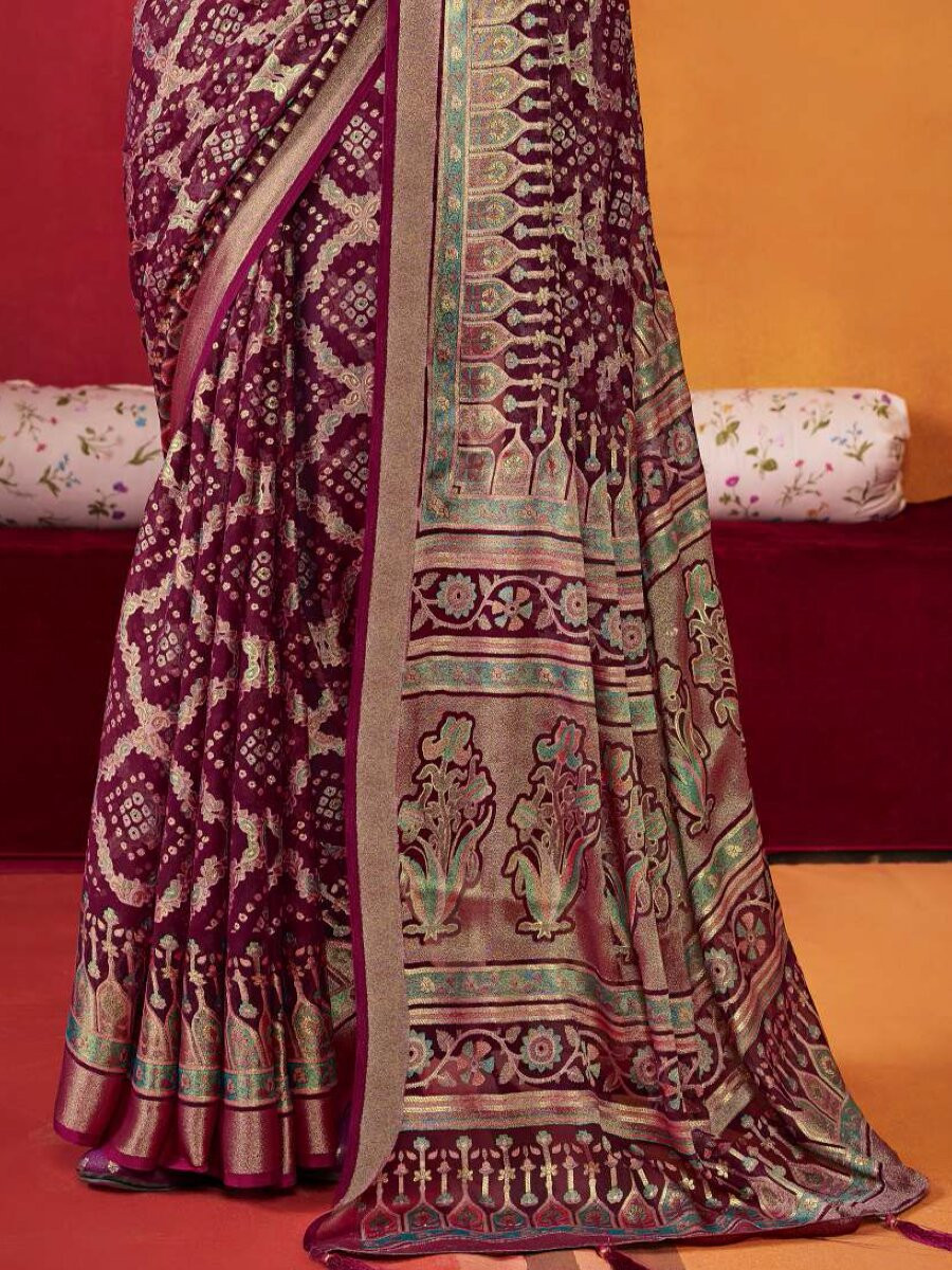 Maroon Silk Printed Wedding Reception Party Festival Casual Heavy Border Sarees