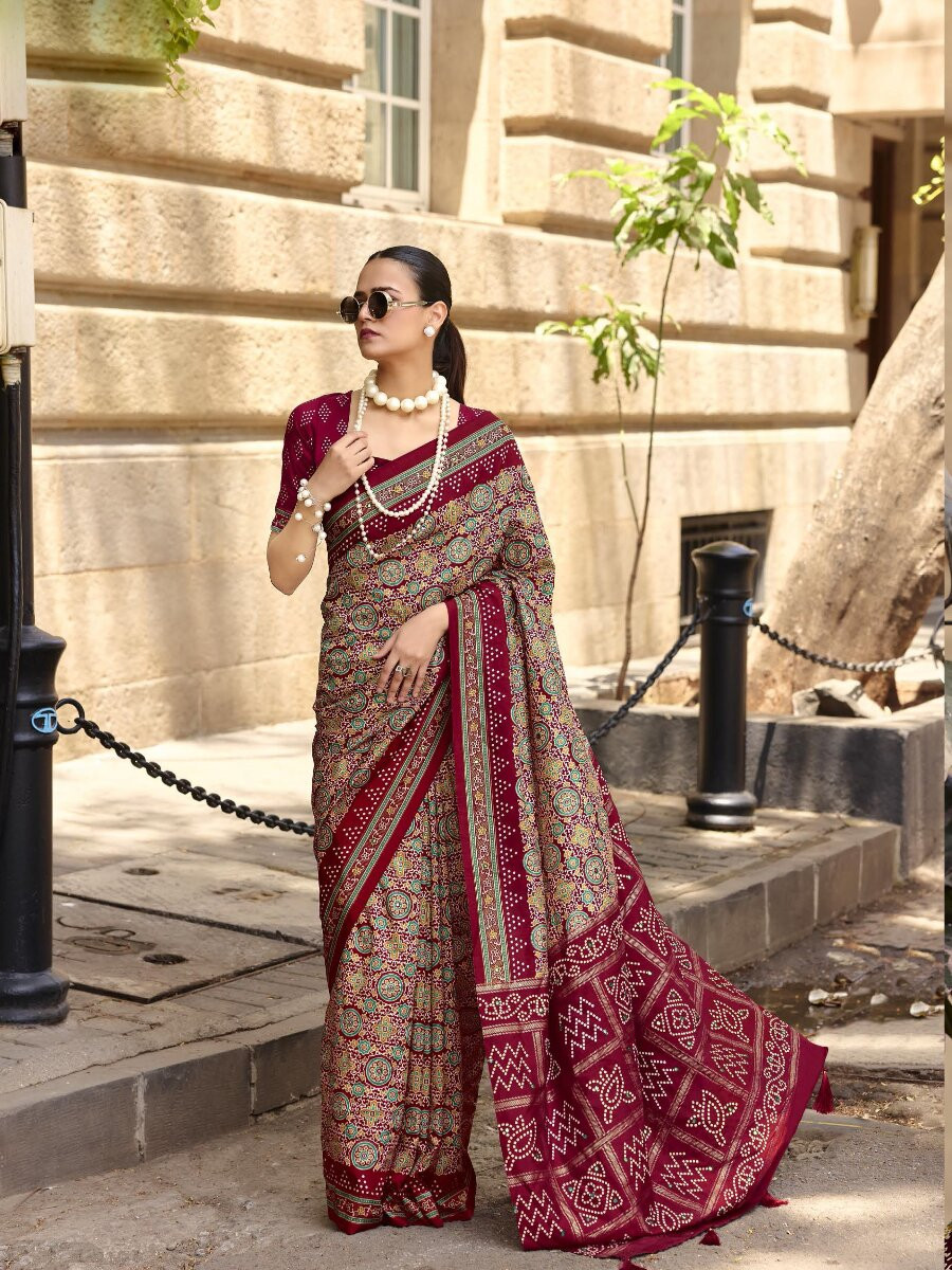 Maroon Silk Printed Wedding Reception Party Festival Casual Heavy Border Sarees