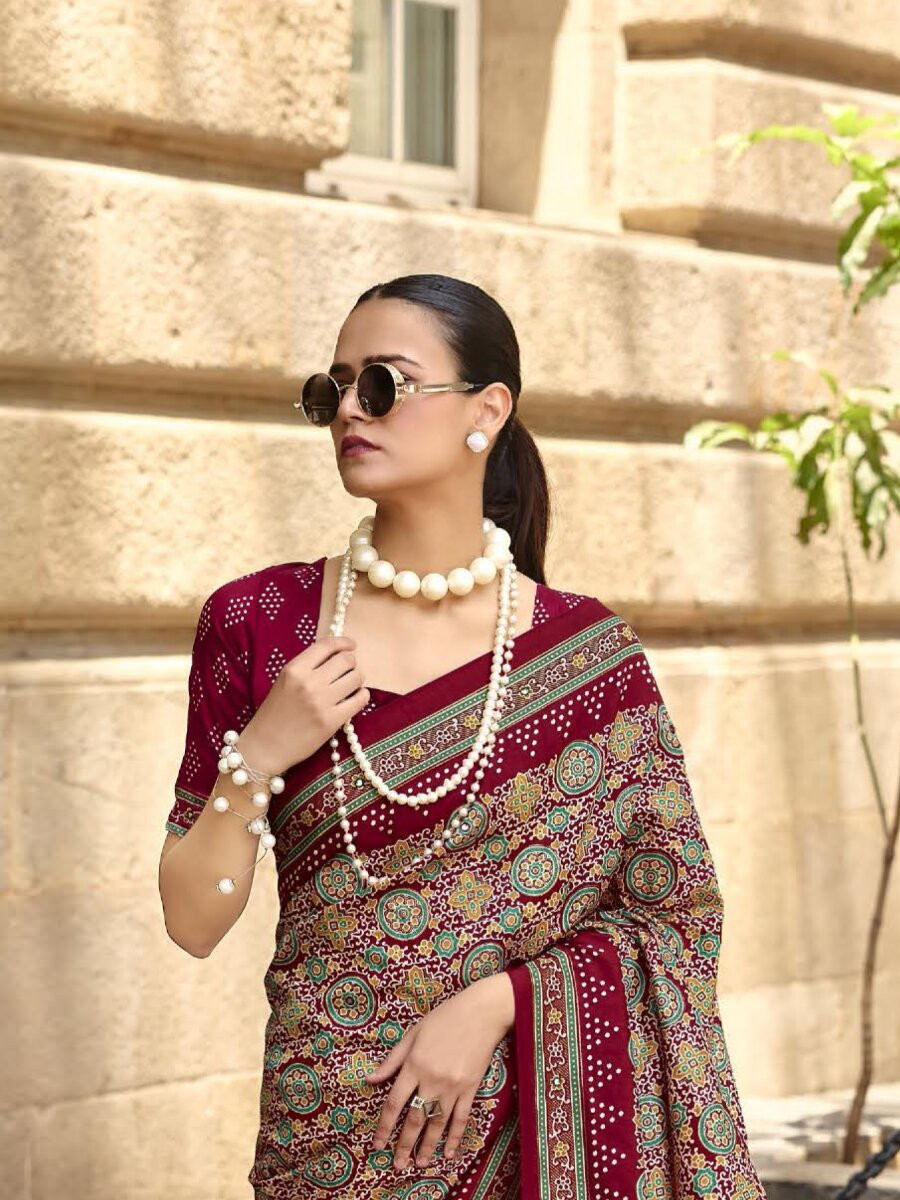 Maroon Silk Printed Wedding Reception Party Festival Casual Heavy Border Sarees