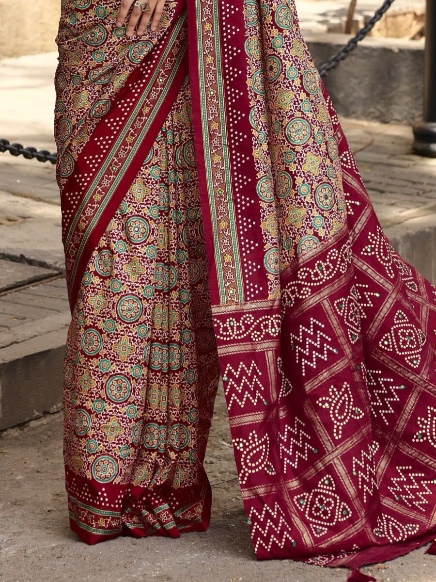 Maroon Silk Printed Wedding Reception Party Festival Casual Heavy Border Sarees