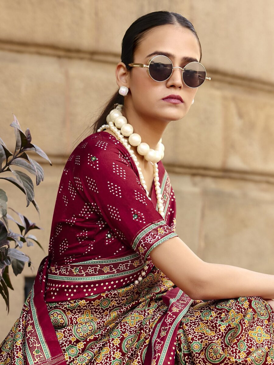 Maroon Silk Printed Wedding Reception Party Festival Casual Heavy Border Sarees