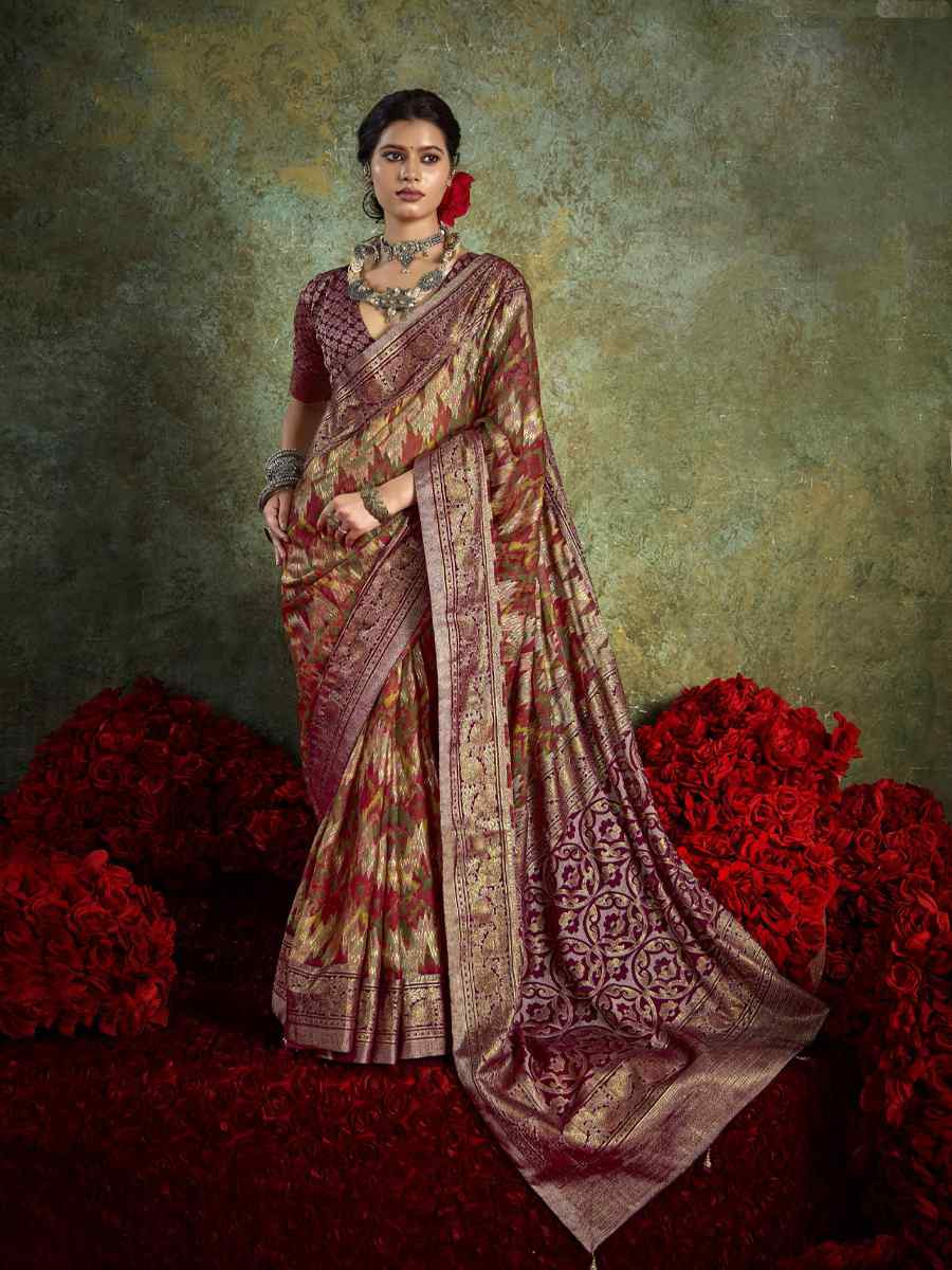 Maroon Silk Printed with Handwoven Festival Wedding Fancy Heavy Border Saree