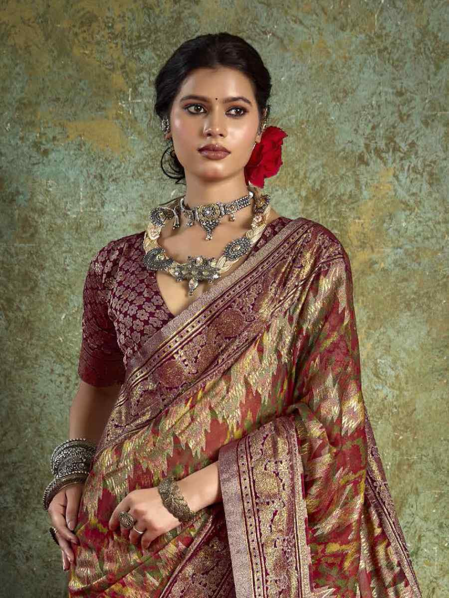 Maroon Silk Printed with Handwoven Festival Wedding Fancy Heavy Border Saree