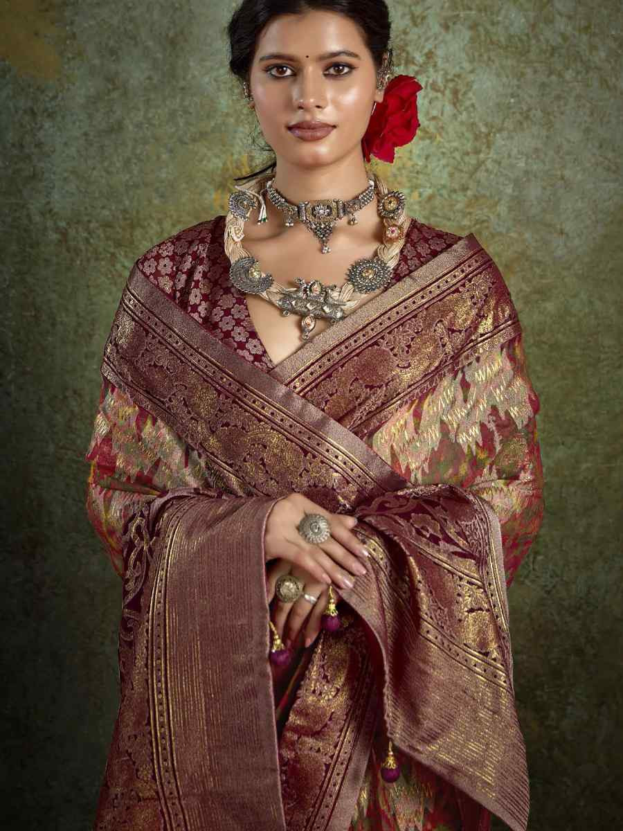 Maroon Silk Printed with Handwoven Festival Wedding Fancy Heavy Border Saree