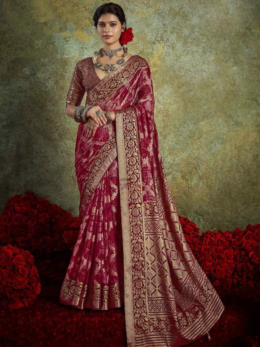 Maroon Silk Printed with Handwoven Festival Wedding Fancy Heavy Border Saree
