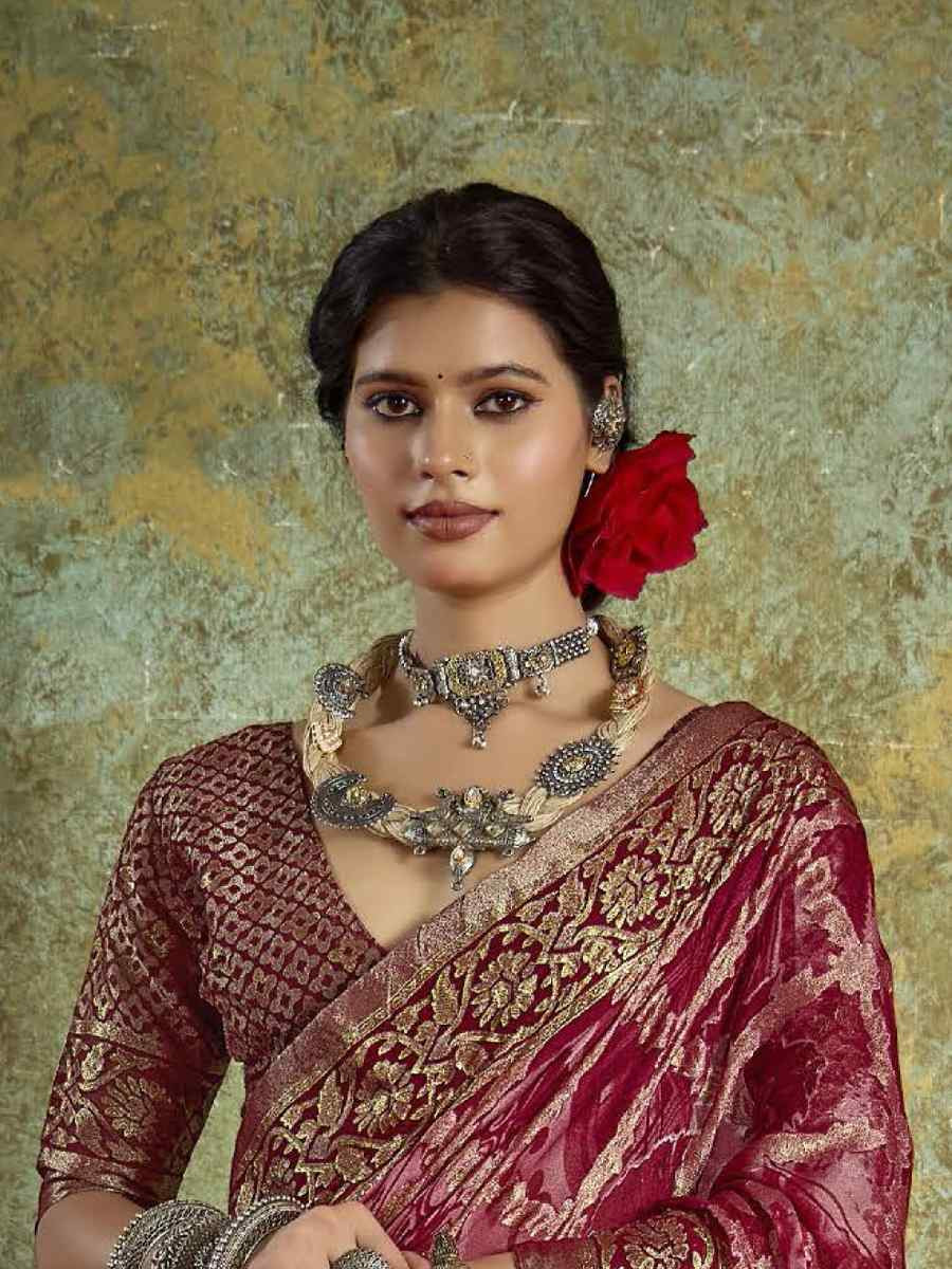 Maroon Silk Printed with Handwoven Festival Wedding Fancy Heavy Border Saree