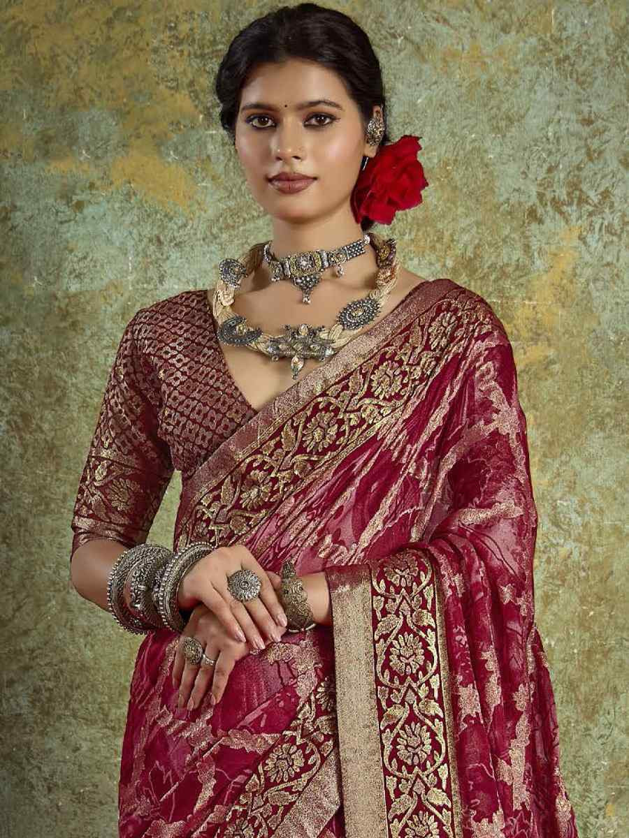 Maroon Silk Printed with Handwoven Festival Wedding Fancy Heavy Border Saree
