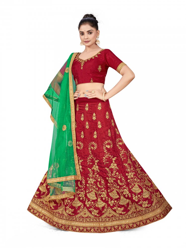 Maroon Silk Satin Net Embroidered Festival Wedding Heavy Border Lehenga Choli