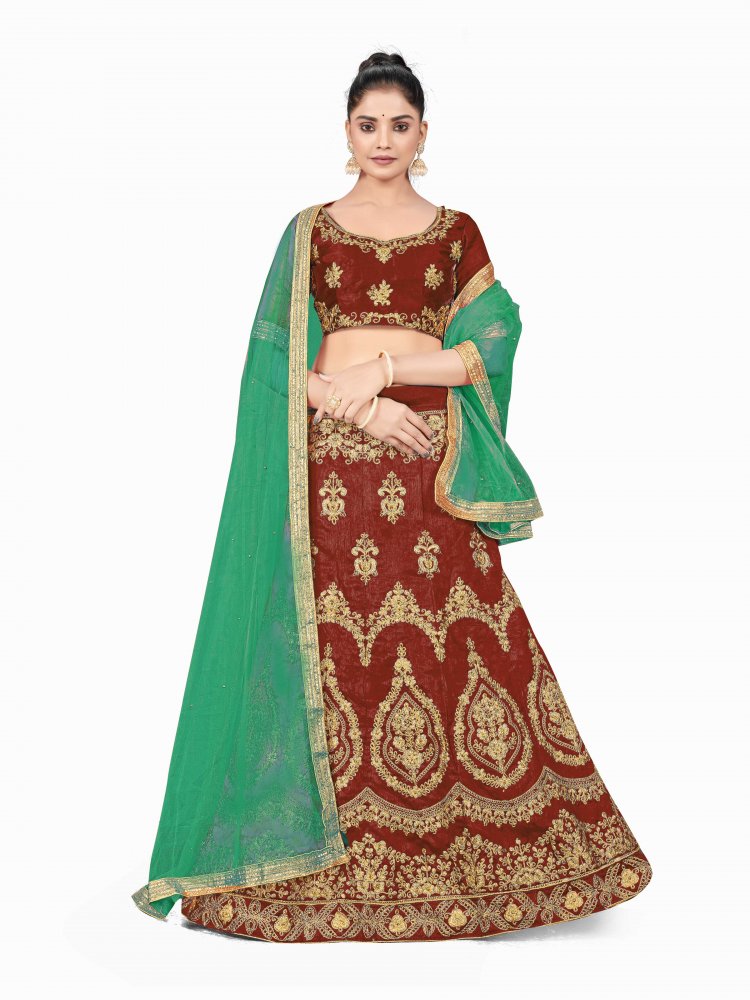 Maroon Silk Satin Net Embroidered Festival Wedding Heavy Border Lehenga Choli