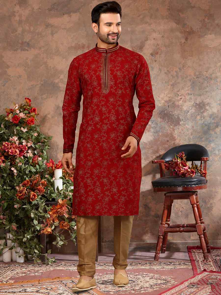 Maroon Silk Woven Festival Party Kurta