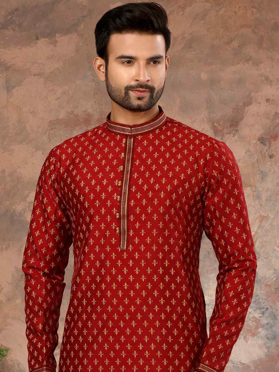 Maroon Silk Woven Festival Party Kurta