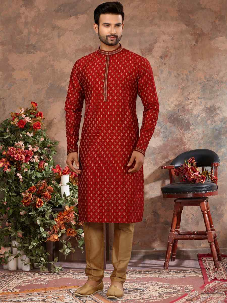 Maroon Silk Woven Festival Party Kurta