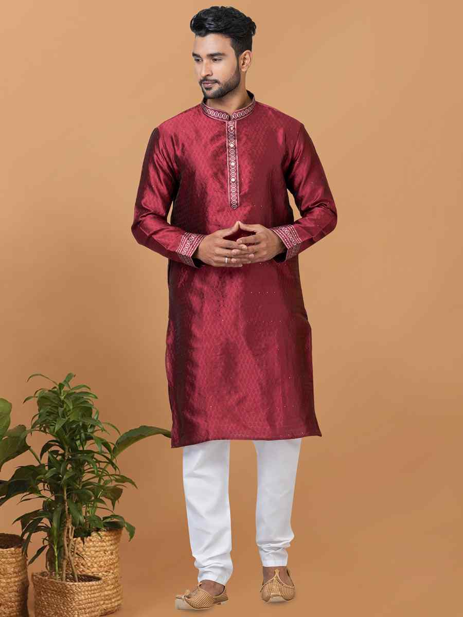 Maroon Silk Woven Festival Wedding Sherwani
