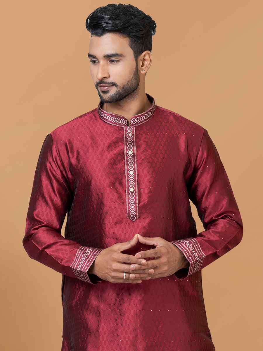 Maroon Silk Woven Festival Wedding Sherwani