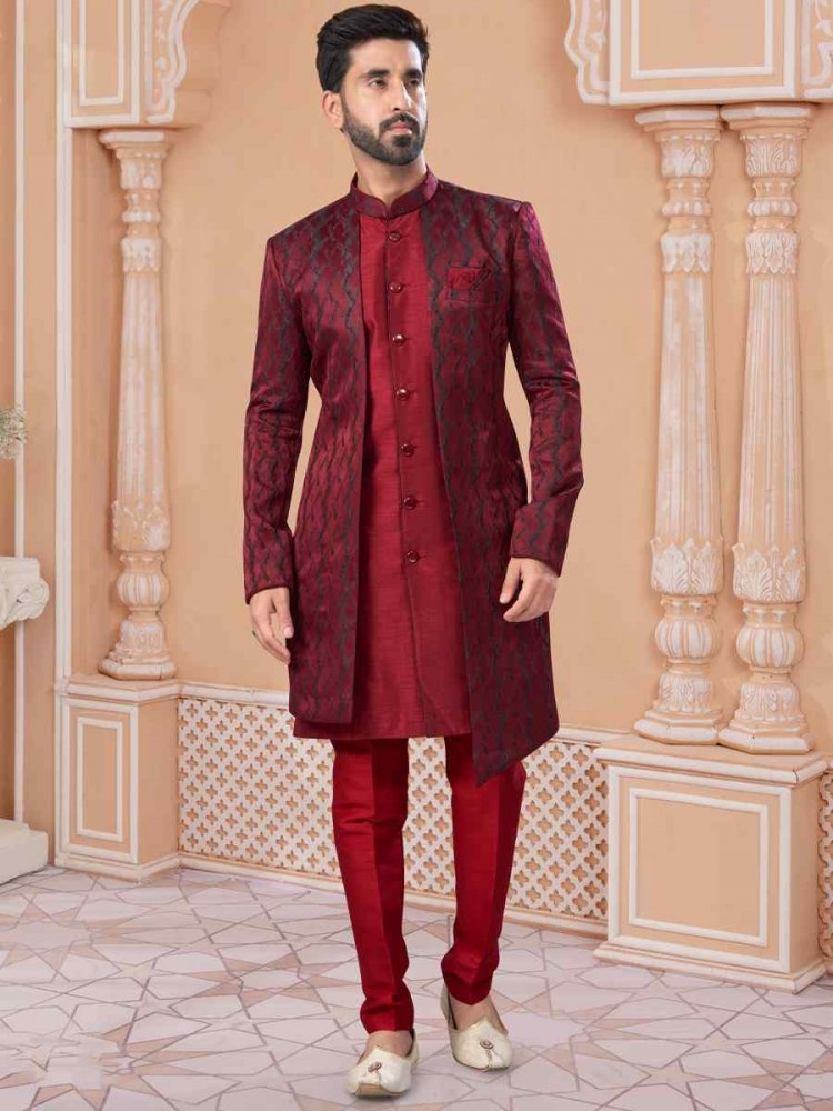 Maroon Siyara Silk Embroidered Groom Wedding Sherwani