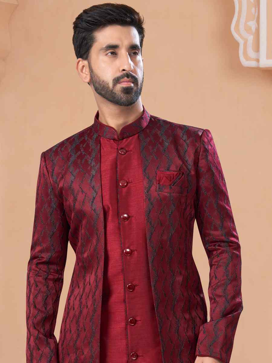 Maroon Siyara Silk Embroidered Groom Wedding Sherwani