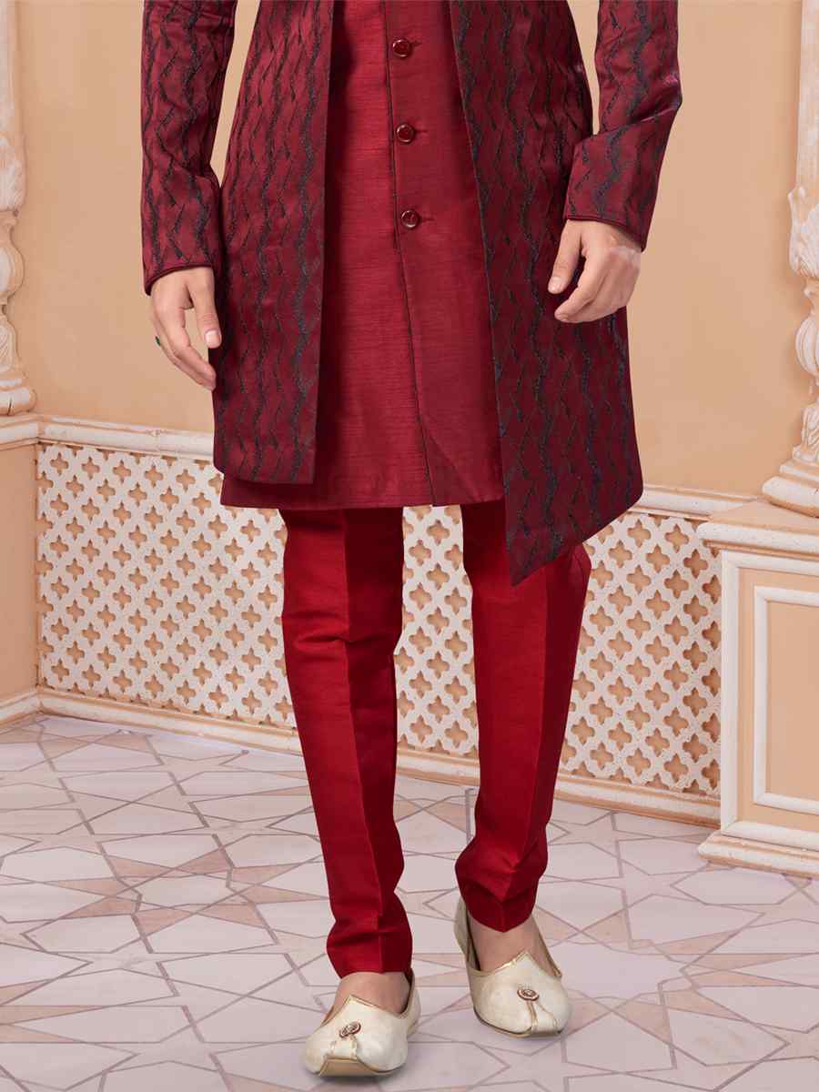 Maroon Siyara Silk Embroidered Groom Wedding Sherwani