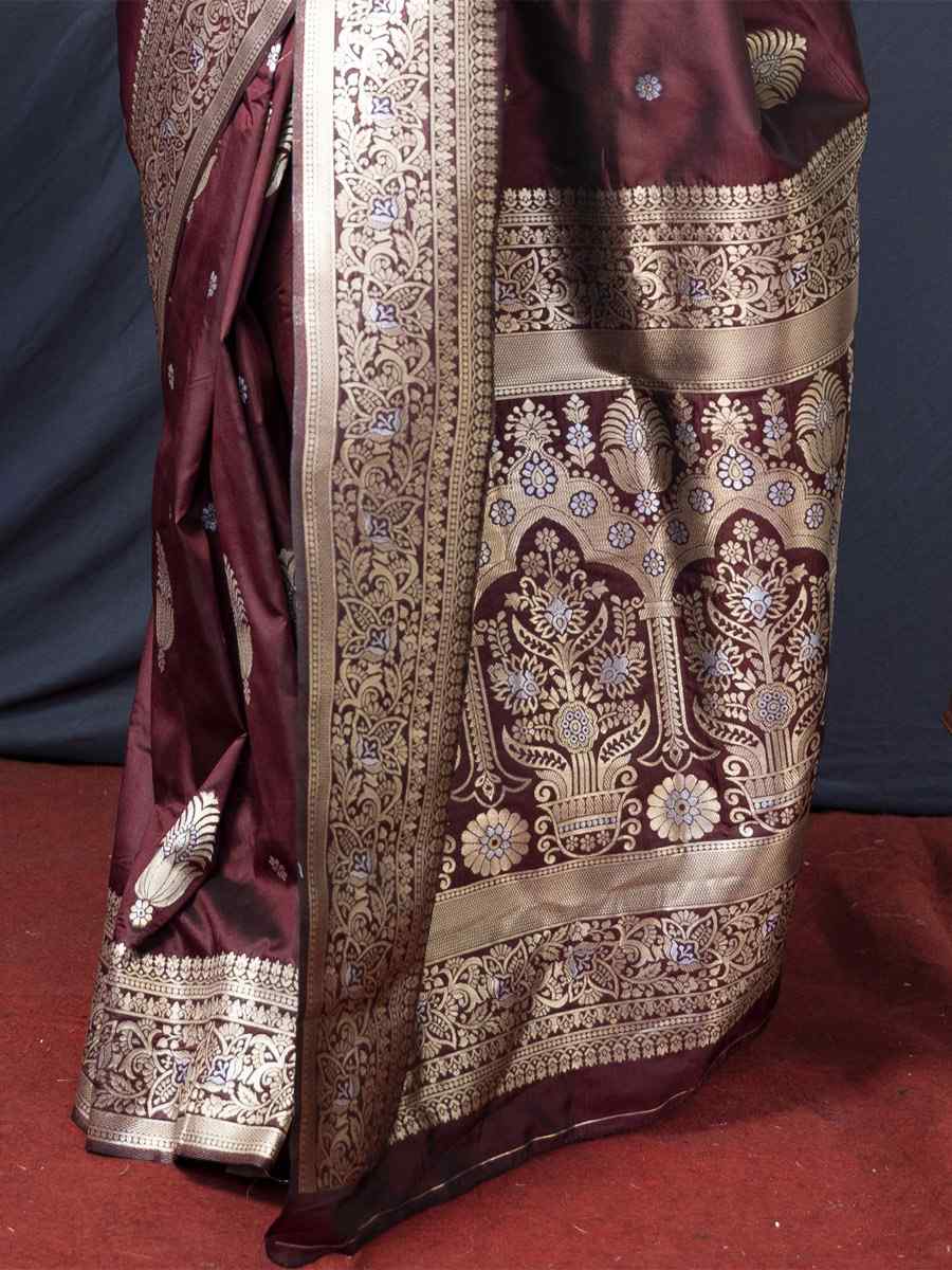 Maroon Soft Banarasi Silk Handwoven Wedding Festival Heavy Border Saree