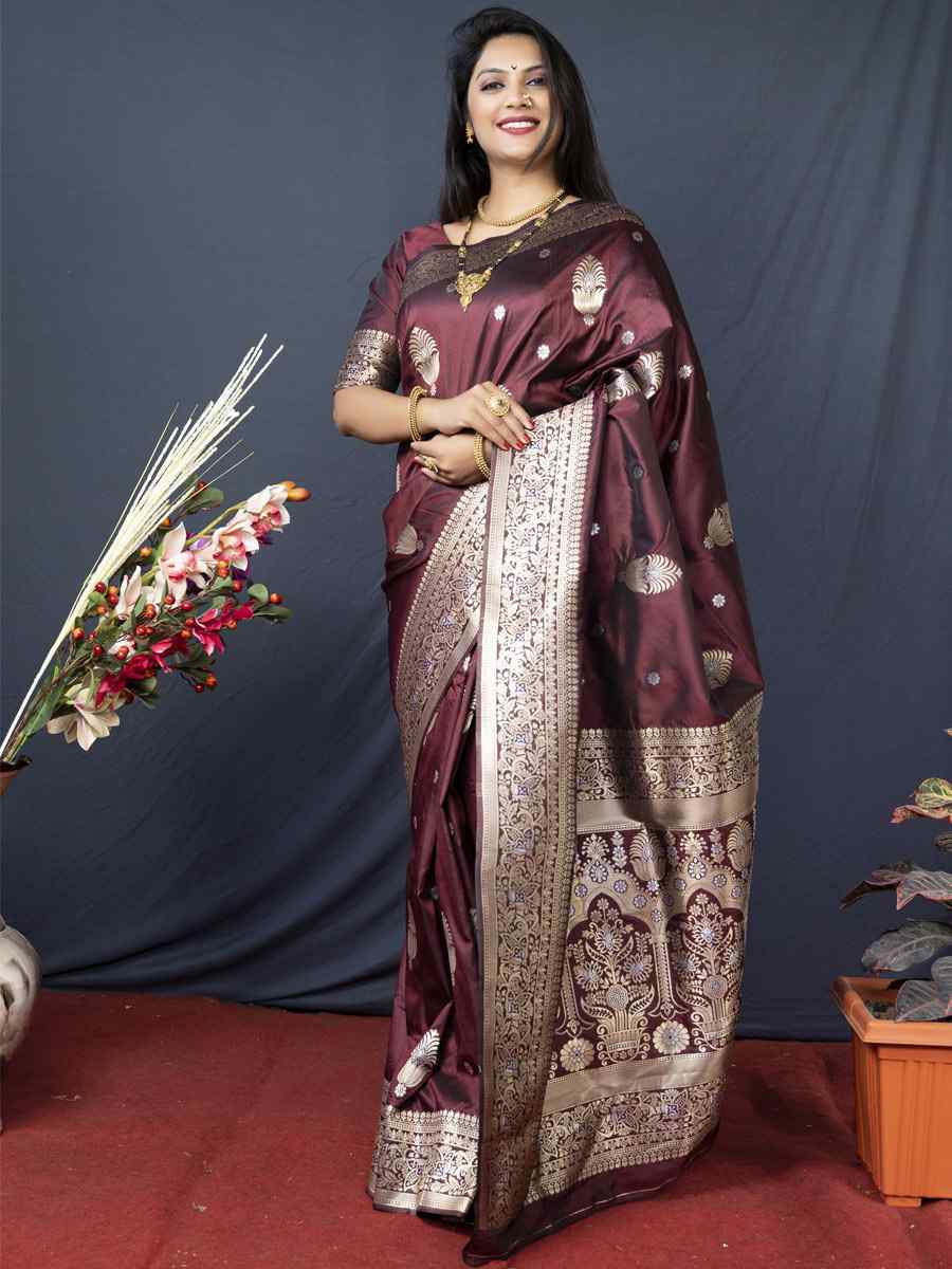 Maroon Soft Banarasi Silk Handwoven Wedding Festival Heavy Border Saree