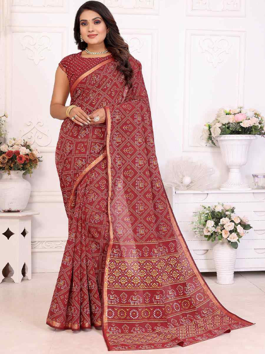 Maroon Soft Cotton Bandhej Print Zari Weaving Work Festival Wedding Fancy Heavy Border Saree