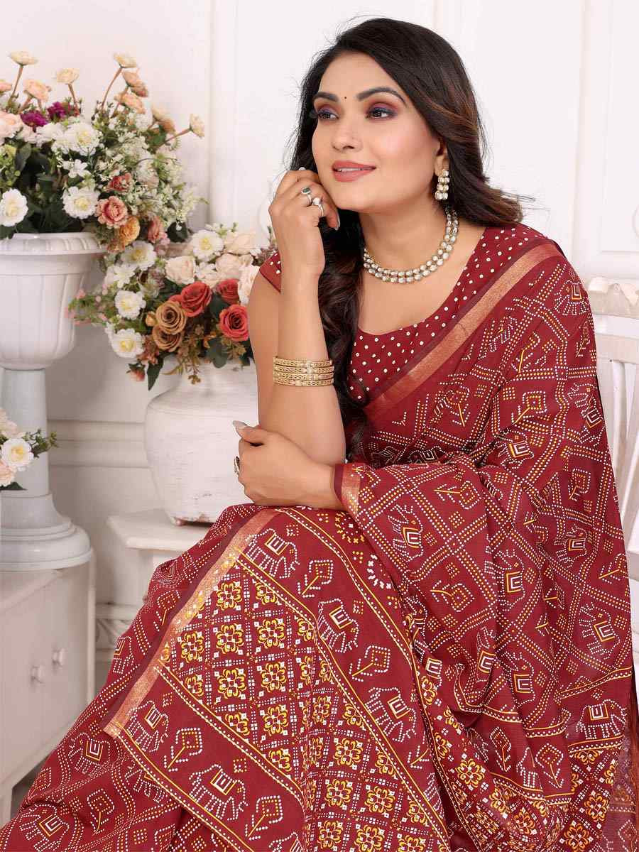 Maroon Soft Cotton Bandhej Print Zari Weaving Work Festival Wedding Fancy Heavy Border Saree