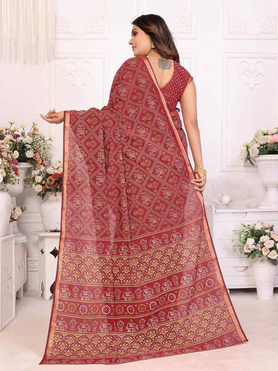 Maroon Soft Cotton Bandhej Print Zari Weaving Work Festival Wedding Fancy Heavy Border Saree