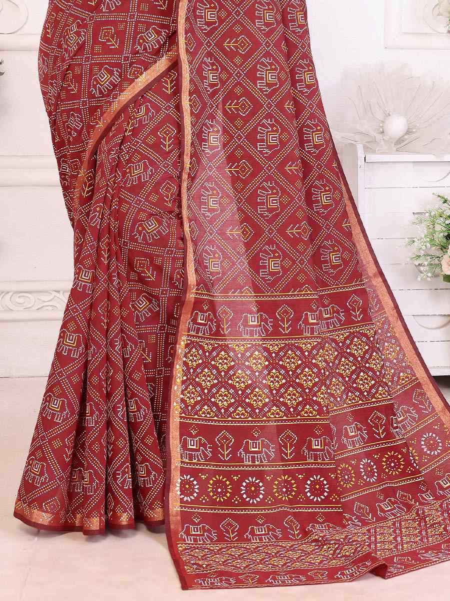 Maroon Soft Cotton Bandhej Print Zari Weaving Work Festival Wedding Fancy Heavy Border Saree