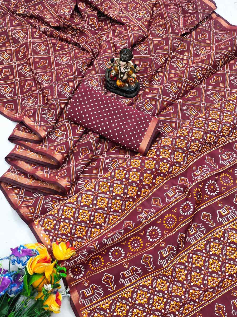 Maroon Soft Cotton Bandhej Print Zari Weaving Work Festival Wedding Fancy Heavy Border Saree