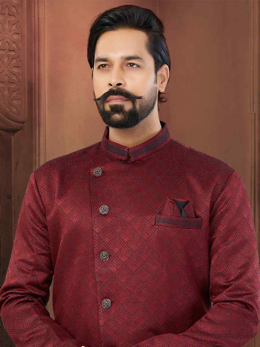 Maroon Soft Jacquard Embroidered Wedding Groom Sherwani