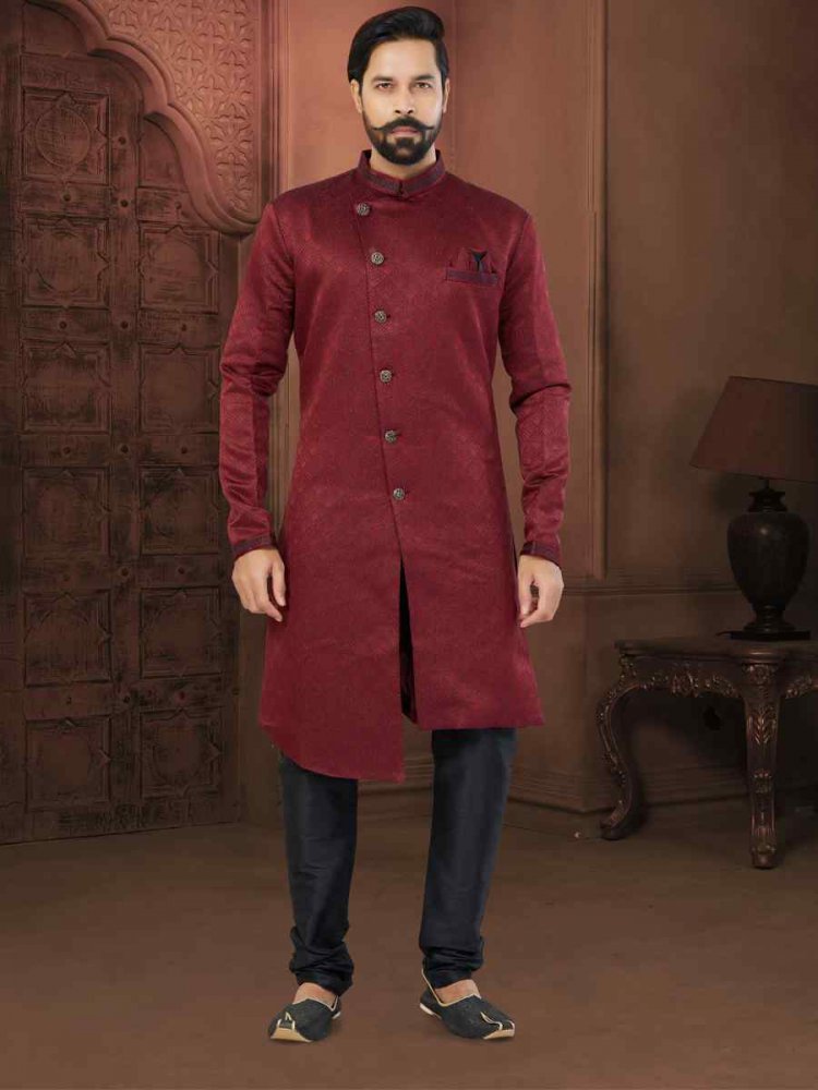 Maroon Soft Jacquard Embroidered Wedding Groom Sherwani