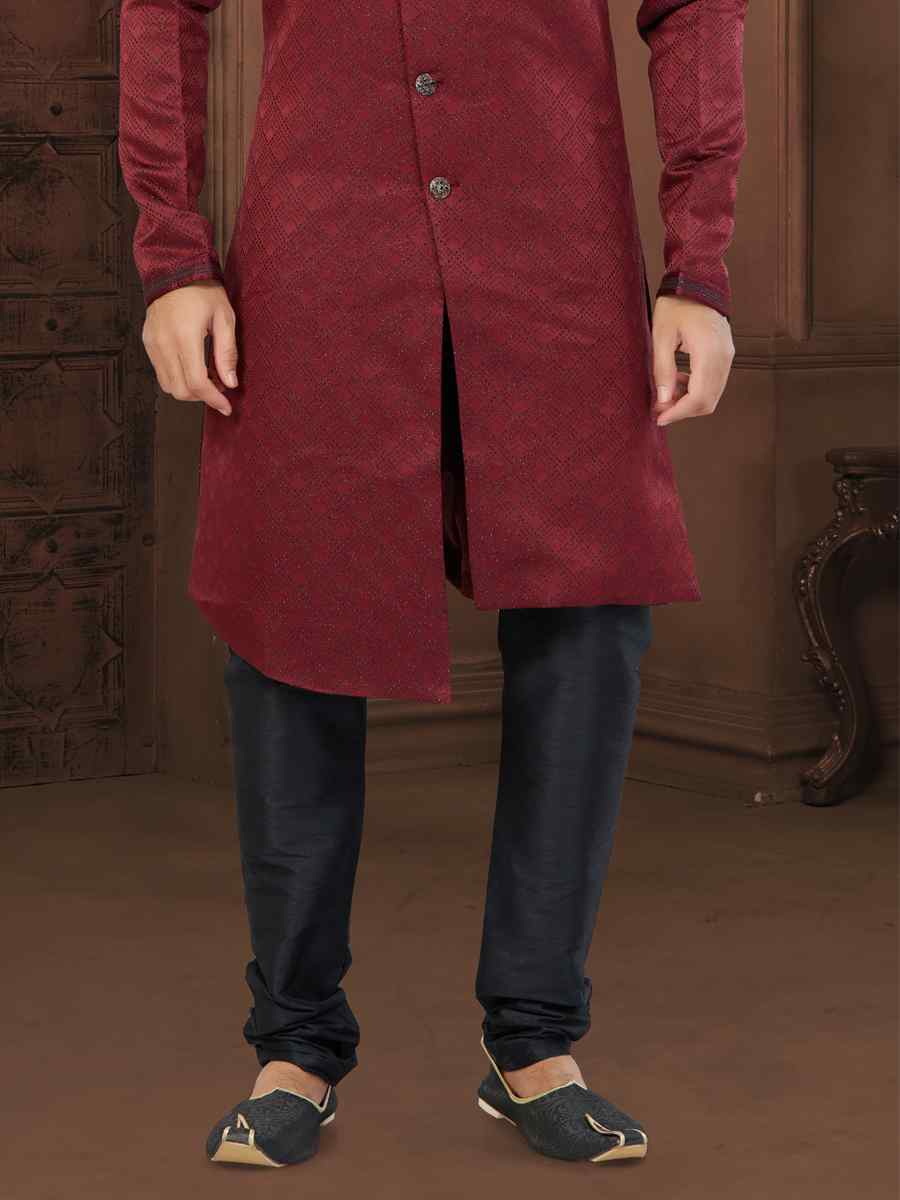 Maroon Soft Jacquard Embroidered Wedding Groom Sherwani