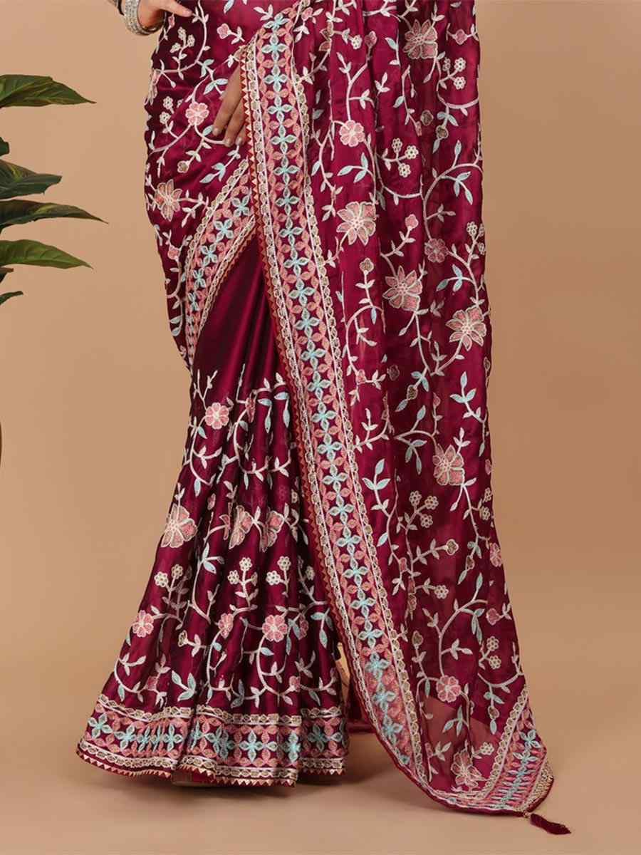 Maroon Soft Rangoli Silk Embroidered Wedding Reception Heavy Border Saree
