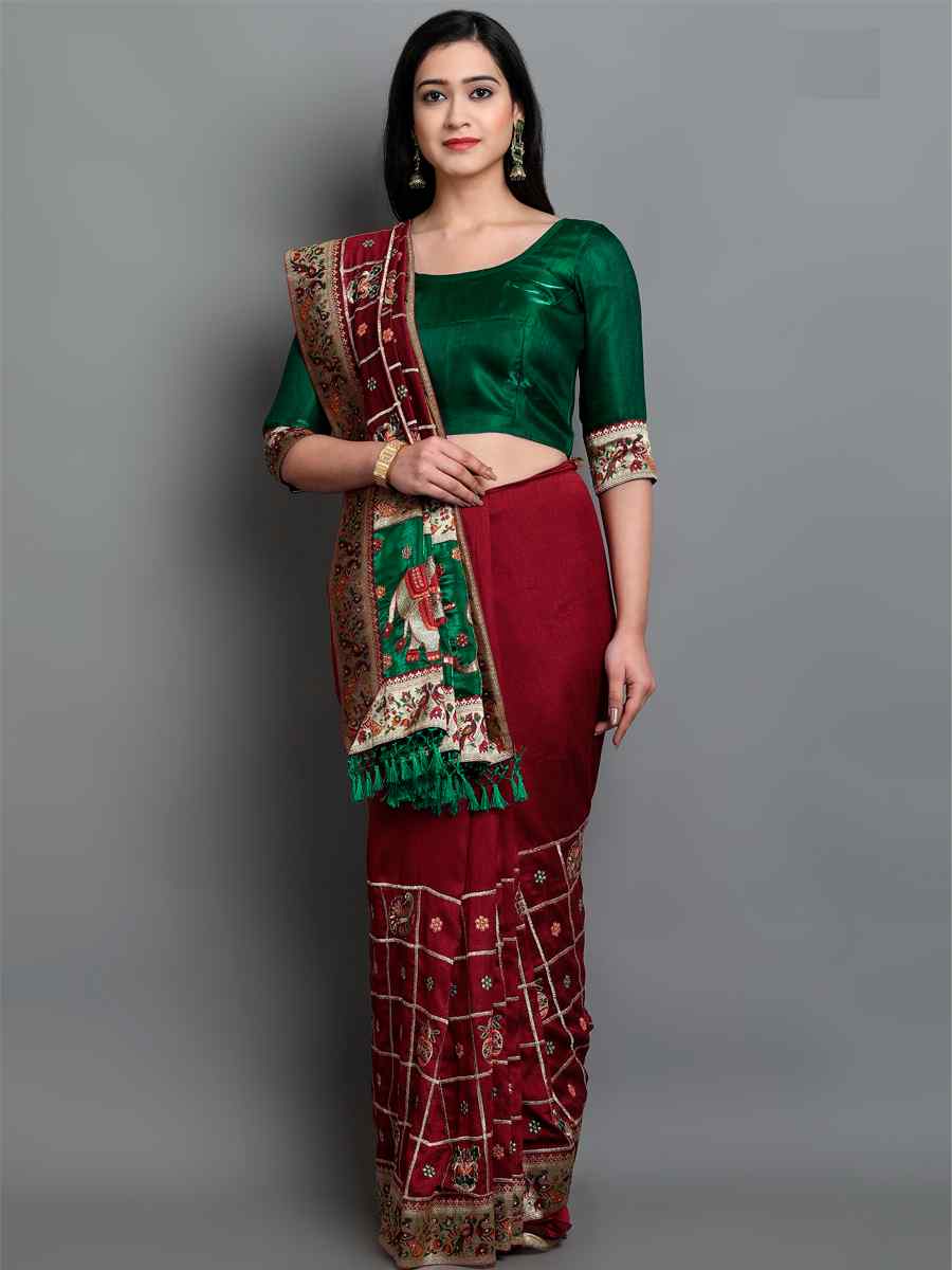 Maroon Soft Silk Embroidered Wedding Festival Classic Style Saree