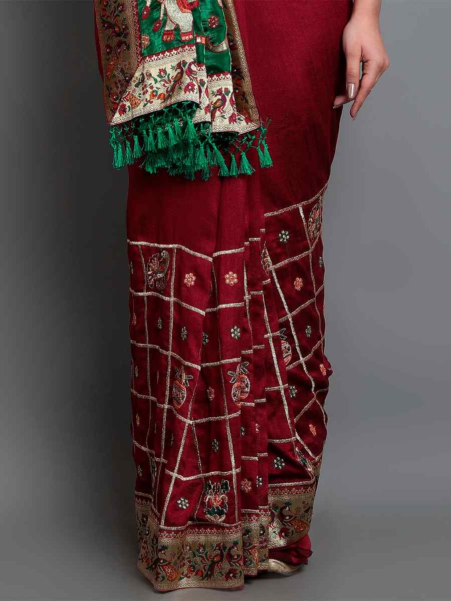 Maroon Soft Silk Embroidered Wedding Festival Classic Style Saree