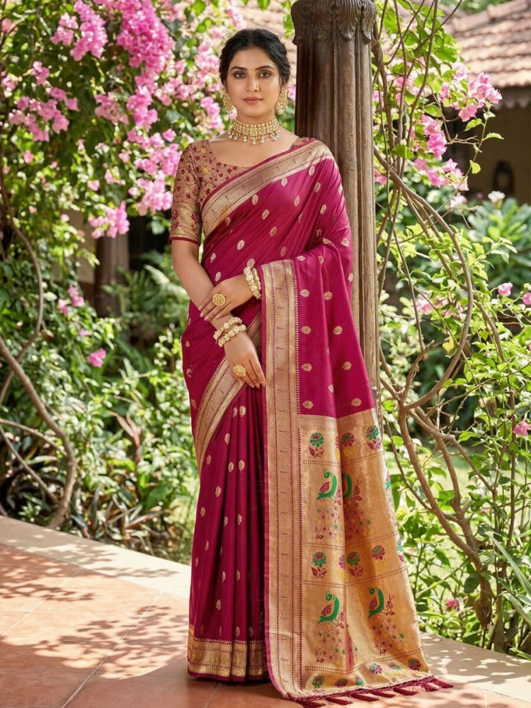 Image of Maroon Soft Silk Handwoven Wedding Reception Party Festival Casual Heavy Border Sarees