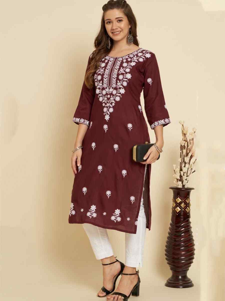 Maroon Soft Slub Cotton Embroidered Festival Casual Kurti