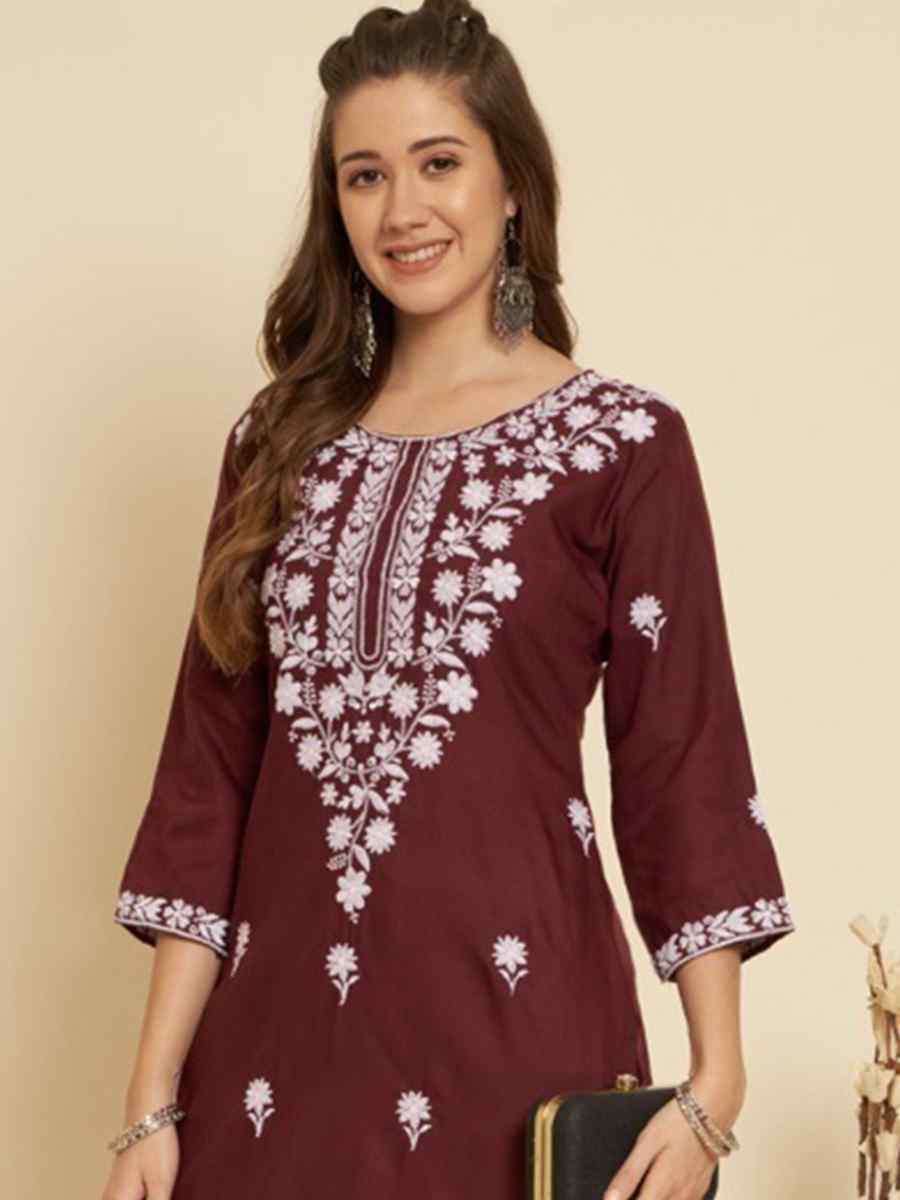 Maroon Soft Slub Cotton Embroidered Festival Casual Kurti